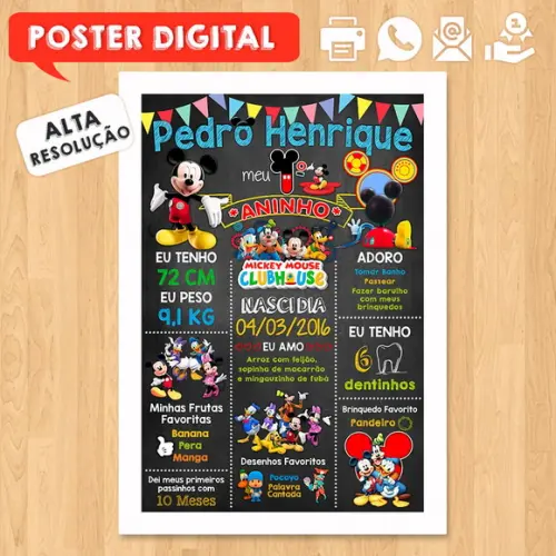 Arte Digital Aniversário A3 30x42cm Turma do Mickey
