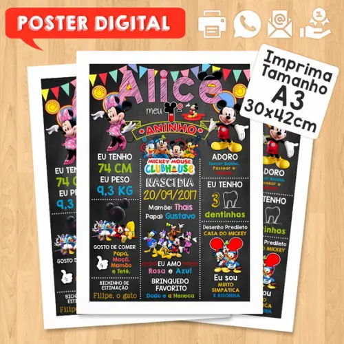 Arte Digital Aniversário A3 30x42cm Minnie Mickey