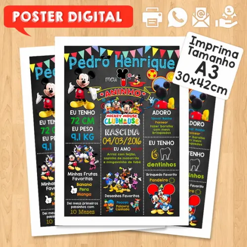 Arte Digital Aniversário A3 30x42cm Turma do Mickey