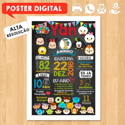 Arte Digital Aniversário A3 30x42cm Turma Mickey Tsun Tsun