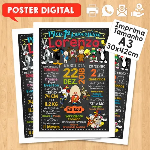 Arte Digital Aniversário A3 30x42cm Turma Pernalonga
