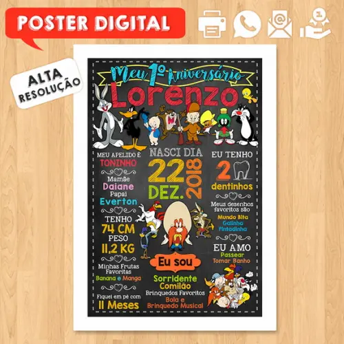 Arte Digital Aniversário A3 30x42cm Turma Pernalonga