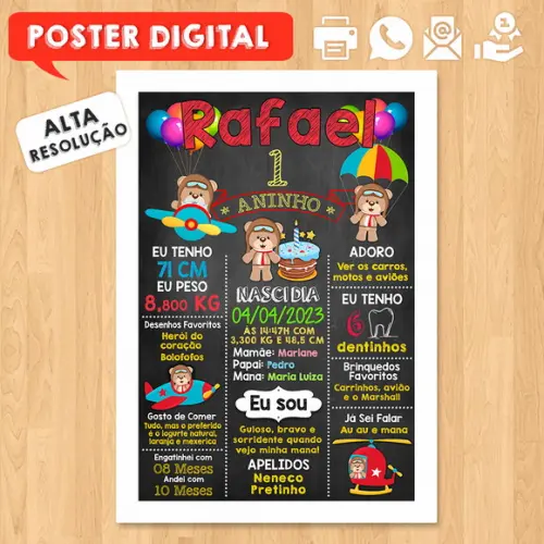 Arte Digital Aniversário Tema Urso Aviador