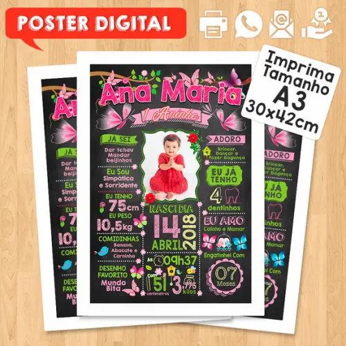 Arte Digital Chalkboard Aniversário 30x42 Jardim Borboletas