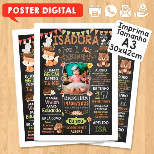 Arte Digital Chalkboard Aniversário 30x42cm Bosque Encantado
