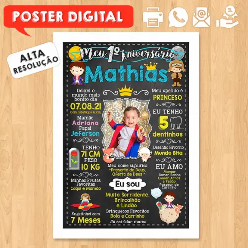 Arte Digital Chalkboard Aniversário 30x42cm Pequeno Príncipe