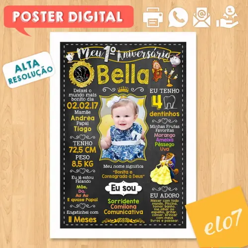 Arte Digital Chalkboard Aniversário a Bela e a Fera