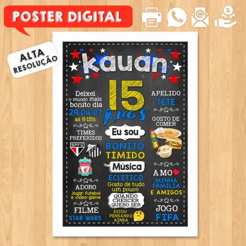Arte Digital Chalkboard Aniversário A3 15 Anos Menino