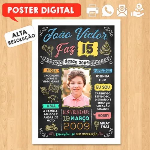 Arte Digital Chalkboard Aniversário A3 15 Anos Menino