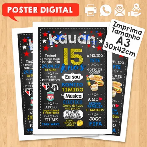 Arte Digital Chalkboard Aniversário A3 15 Anos Menino