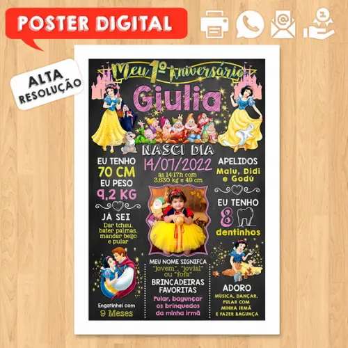 Arte Digital Chalkboard Aniversário A3 30x42 Branca de Neve