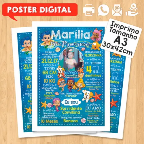 Arte Digital Chalkboard Aniversário A3 30x42 Bubble Guppies