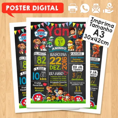 Arte Digital Chalkboard Aniversário A3 30x42 Patrulha Canina