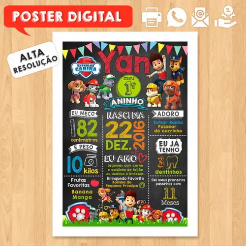 Arte Digital Chalkboard Aniversário A3 30x42 Patrulha Canina