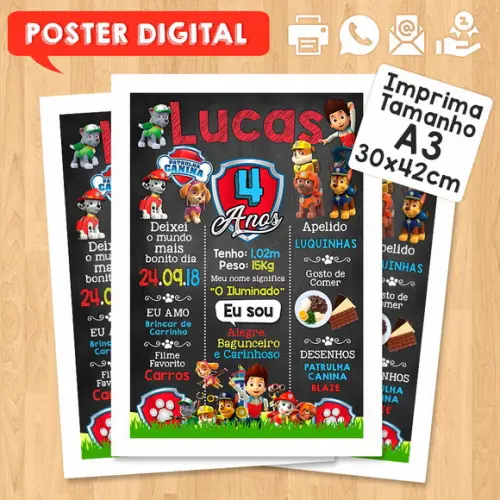 Arte Digital Chalkboard Aniversário A3 30x42 Patrulha Canina