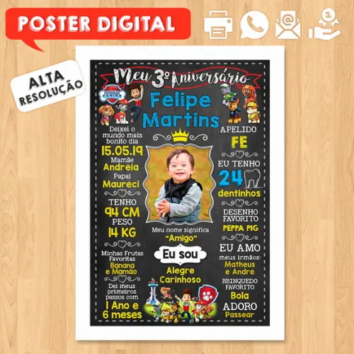Arte Digital Chalkboard Aniversário A3 30x42 Patrulha Canina