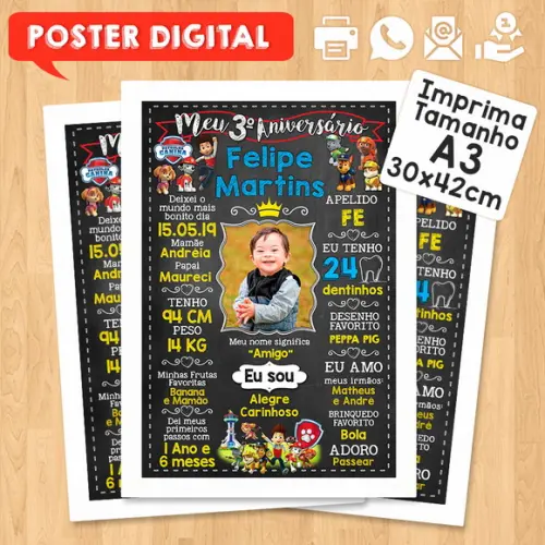 Arte Digital Chalkboard Aniversário A3 30x42 Patrulha Canina