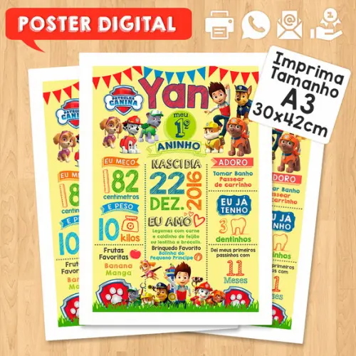 Arte Digital Chalkboard Aniversário A3 30x42 Patrulha Canina