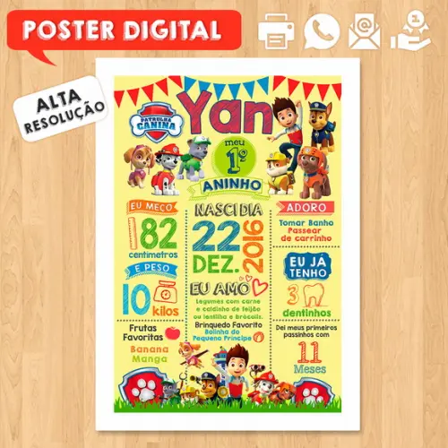 Arte Digital Chalkboard Aniversário A3 30x42 Patrulha Canina