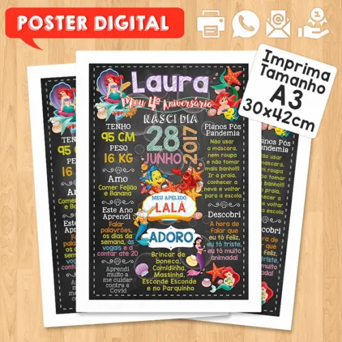 Arte Digital Chalkboard Aniversário A3 30x42 Pequena Sereia