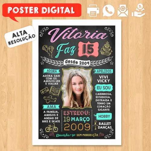 Arte Digital Chalkboard Aniversário A3 30x42cm 15 Anos