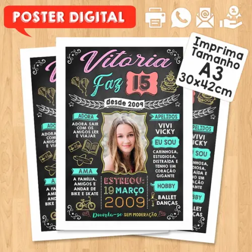 Arte Digital Chalkboard Aniversário A3 30x42cm 15 Anos