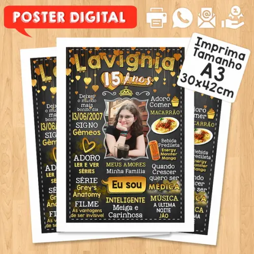 Arte Digital Chalkboard Aniversário A3 30x42cm 15 Anos