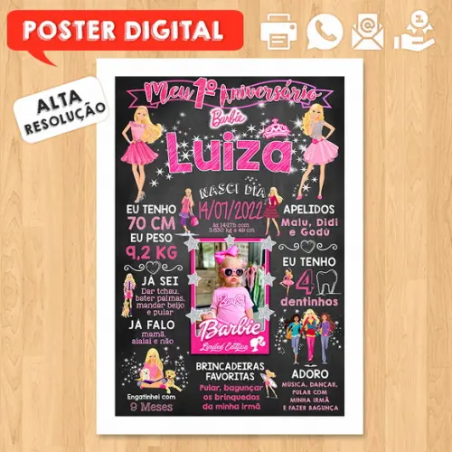 Arte Digital Chalkboard Aniversário A3 30x42cm Barbie