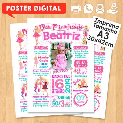 Arte Digital Chalkboard Aniversário A3 30x42cm Barbie