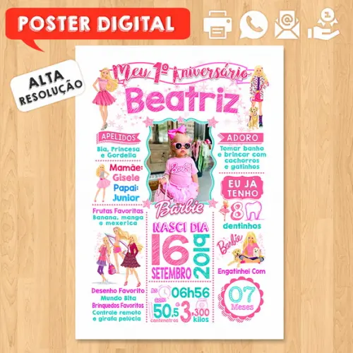Arte Digital Chalkboard Aniversário A3 30x42cm Barbie