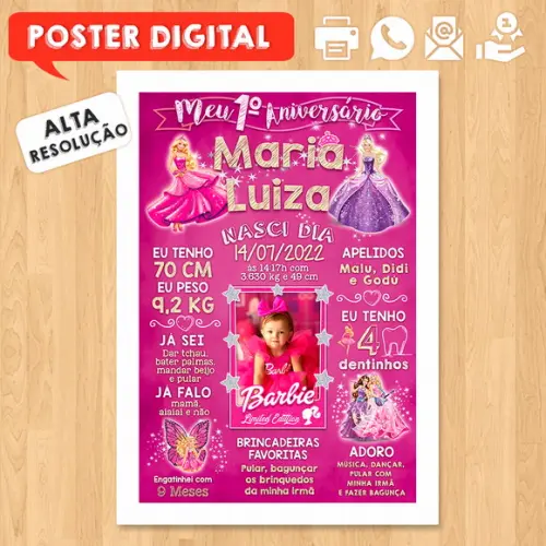 Arte Digital Chalkboard Aniversário A3 30x42cm Barbie