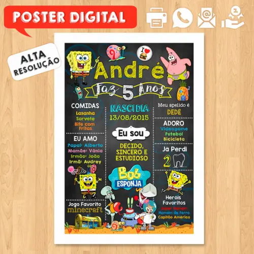 Arte Digital Chalkboard Aniversário A3 30x42cm Bob Esponja