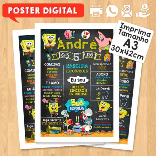 Arte Digital Chalkboard Aniversário A3 30x42cm Bob Esponja