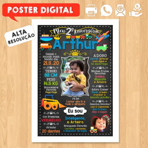 Arte Digital Chalkboard Aniversário A3 30x42cm Carrinhos
