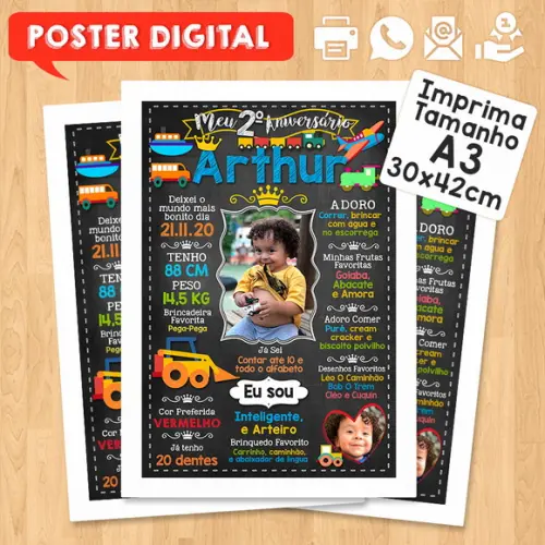 Arte Digital Chalkboard Aniversário A3 30x42cm Carrinhos