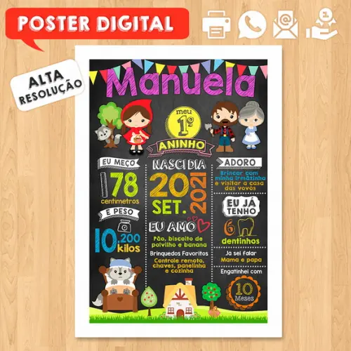 Arte Digital Chalkboard Aniversário A3 30x42cm Chapeuzinho