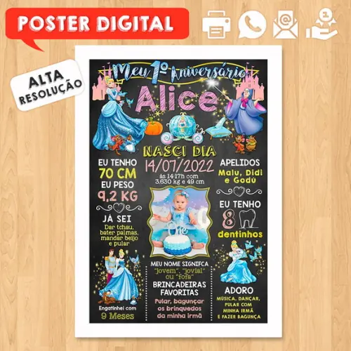 Arte Digital Chalkboard Aniversário A3 30x42cm Cinderela