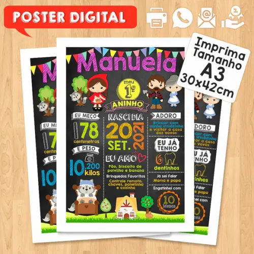 Arte Digital Chalkboard Aniversário A3 30x42cm Chapeuzinho