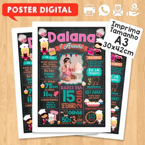 Arte Digital Chalkboard Aniversário A3 30x42cm Confeiteira