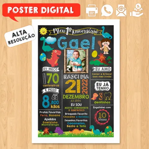 Arte Digital Chalkboard Aniversário A3 30x42cm Dinossauros