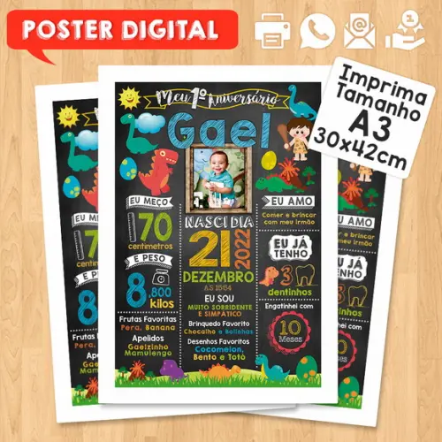 Arte Digital Chalkboard Aniversário A3 30x42cm Dinossauros