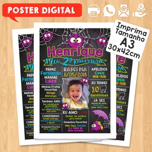 Arte Digital Chalkboard Aniversário A3 30x42cm Dona Aranha