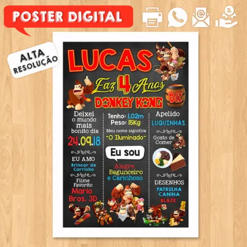 Arte Digital Chalkboard Aniversário A3 30x42cm Donkey Kong