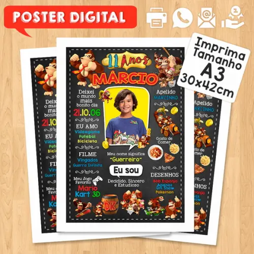 Arte Digital Chalkboard Aniversário A3 30x42cm Donkey Kong