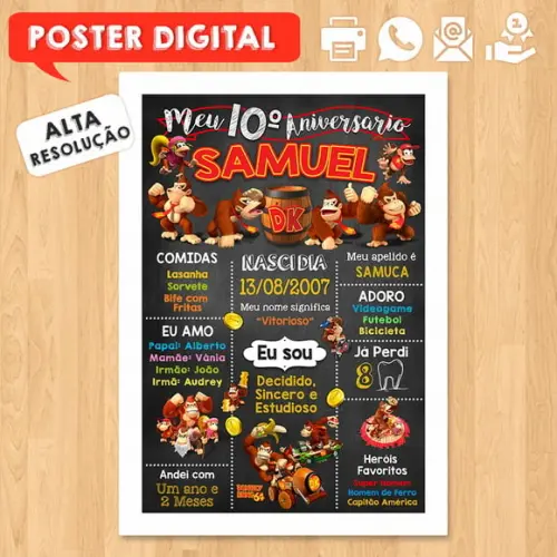 Arte Digital Chalkboard Aniversário A3 30x42cm Donkey Kong