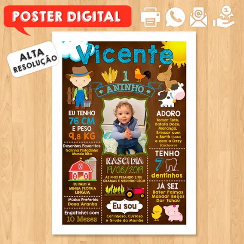 Arte Digital Chalkboard Aniversário A3 30x42cm Fazendinha