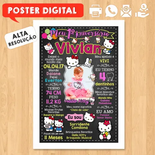 Arte Digital Chalkboard Aniversário A3 30x42cm Hello Kitty