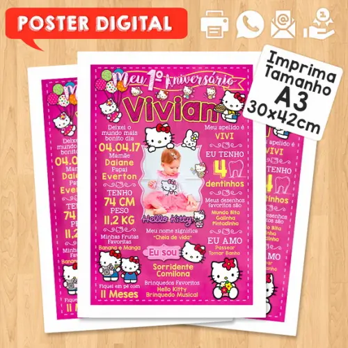 Arte Digital Chalkboard Aniversário A3 30x42cm Hello Kitty