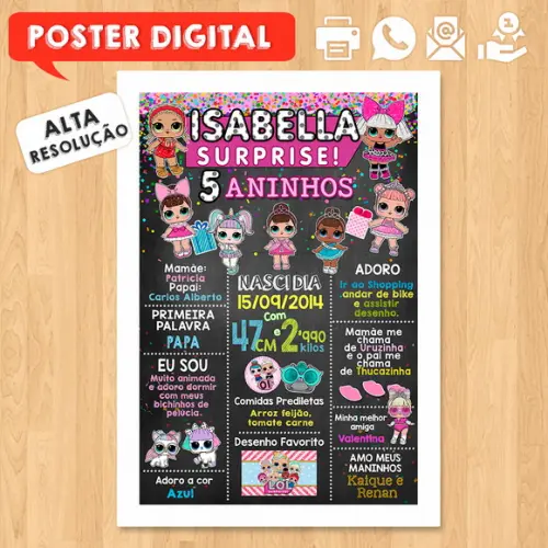 Arte Digital Chalkboard Aniversário A3 30x42cm Lol Surprise
