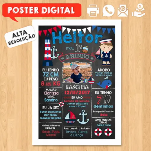 Arte Digital Chalkboard Aniversário A3 30x42cm Marinheiro